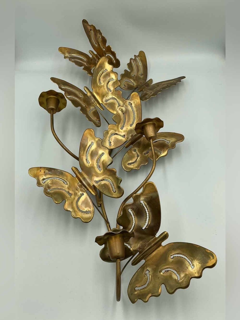 Vtg MCM Metal Art Brass Butterflies Wall Hanging 3 Candle Sconces 24” x 11” EUC